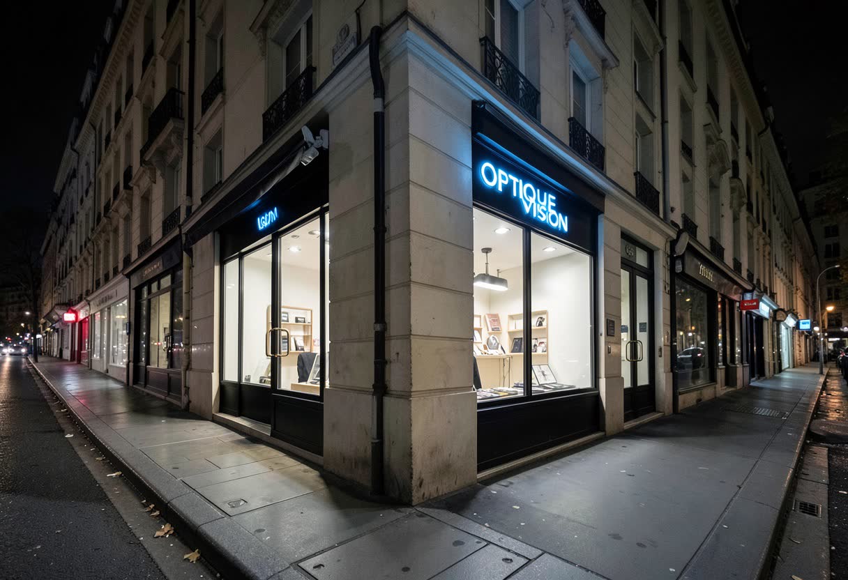 Drapeau lumineux perpendiculaire pour une opticien