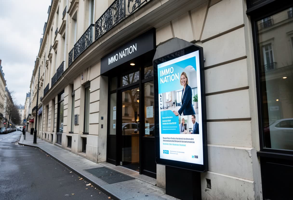 Écran LED extérieur sur la façade d'une agence immobilière