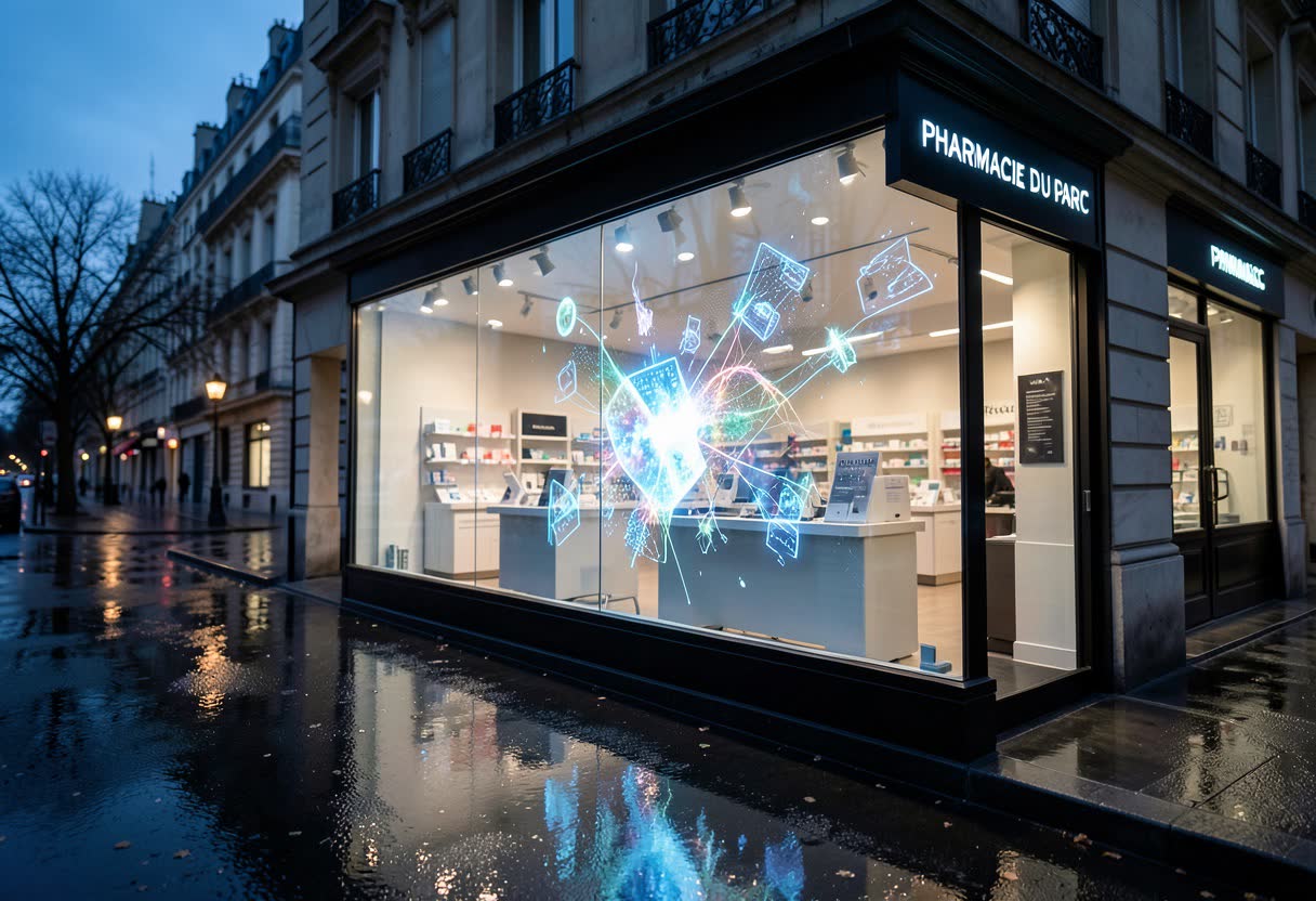 Écran LED transparent sur la vitrine d'une pharmacie