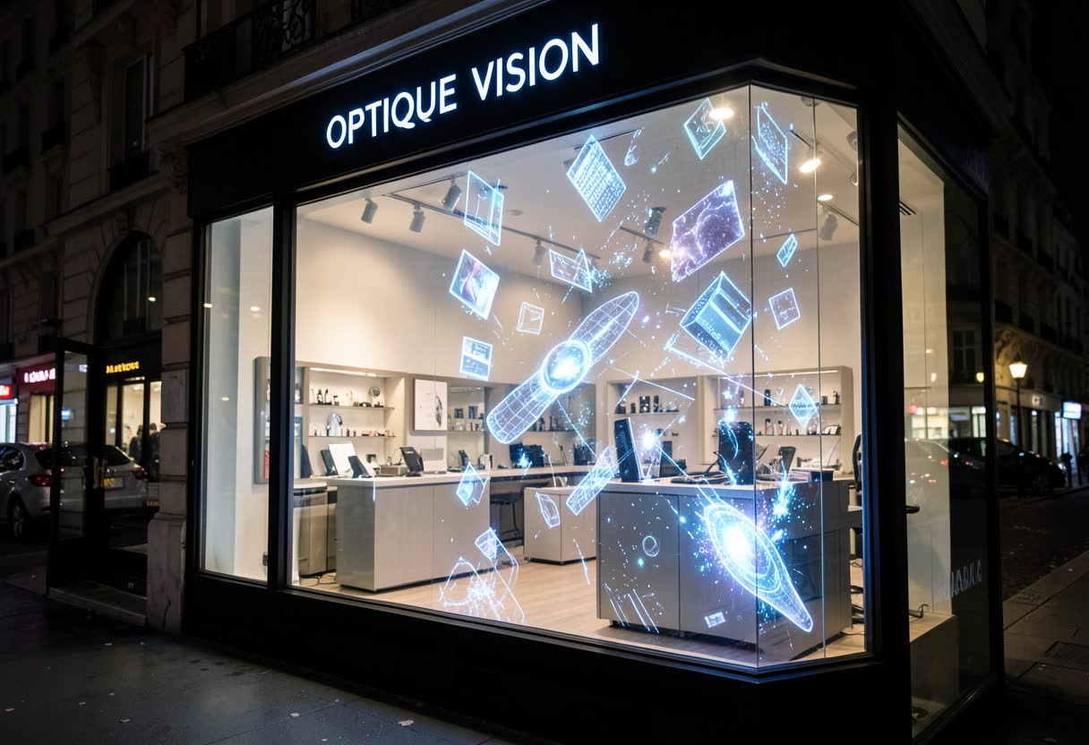 Écran LED transparent sur la vitrine d'une opticien