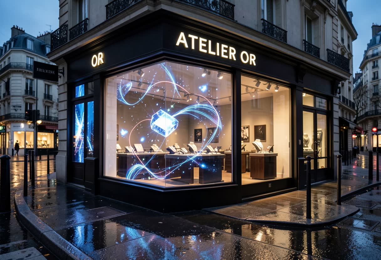 Écran LED transparent sur la vitrine d'une bijouterie