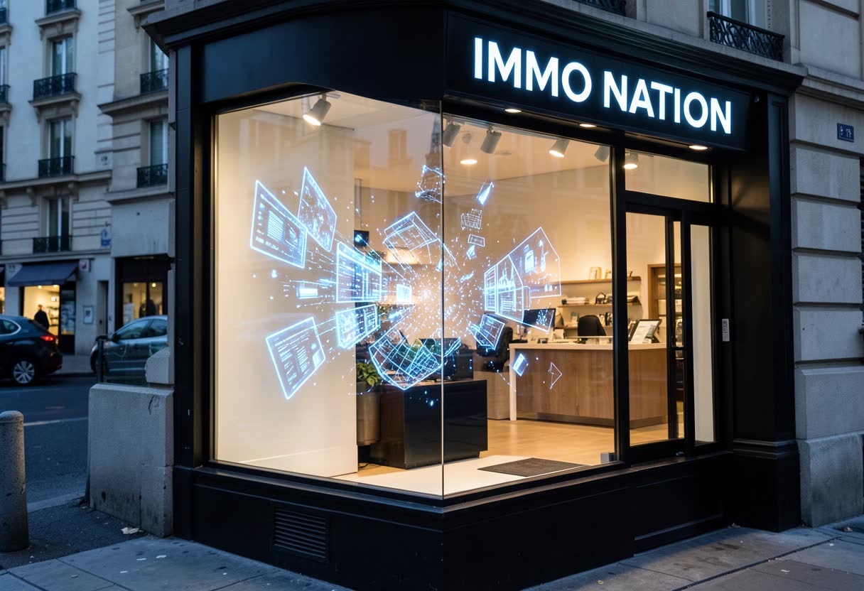 Écran LED transparent sur la vitrine d'une agence immobilière