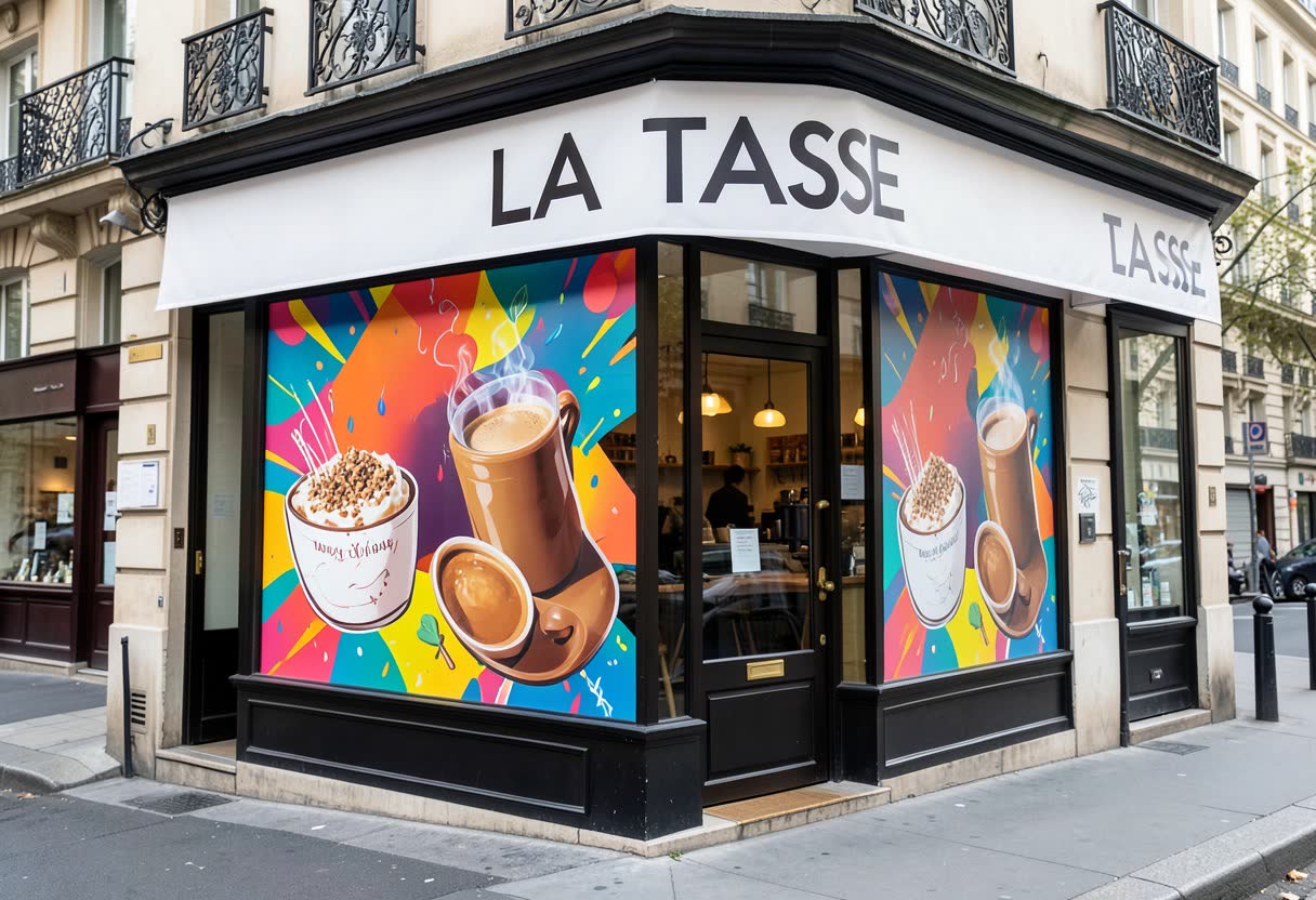 Impression grand format (vinyle adhésif, bâche) pour une café