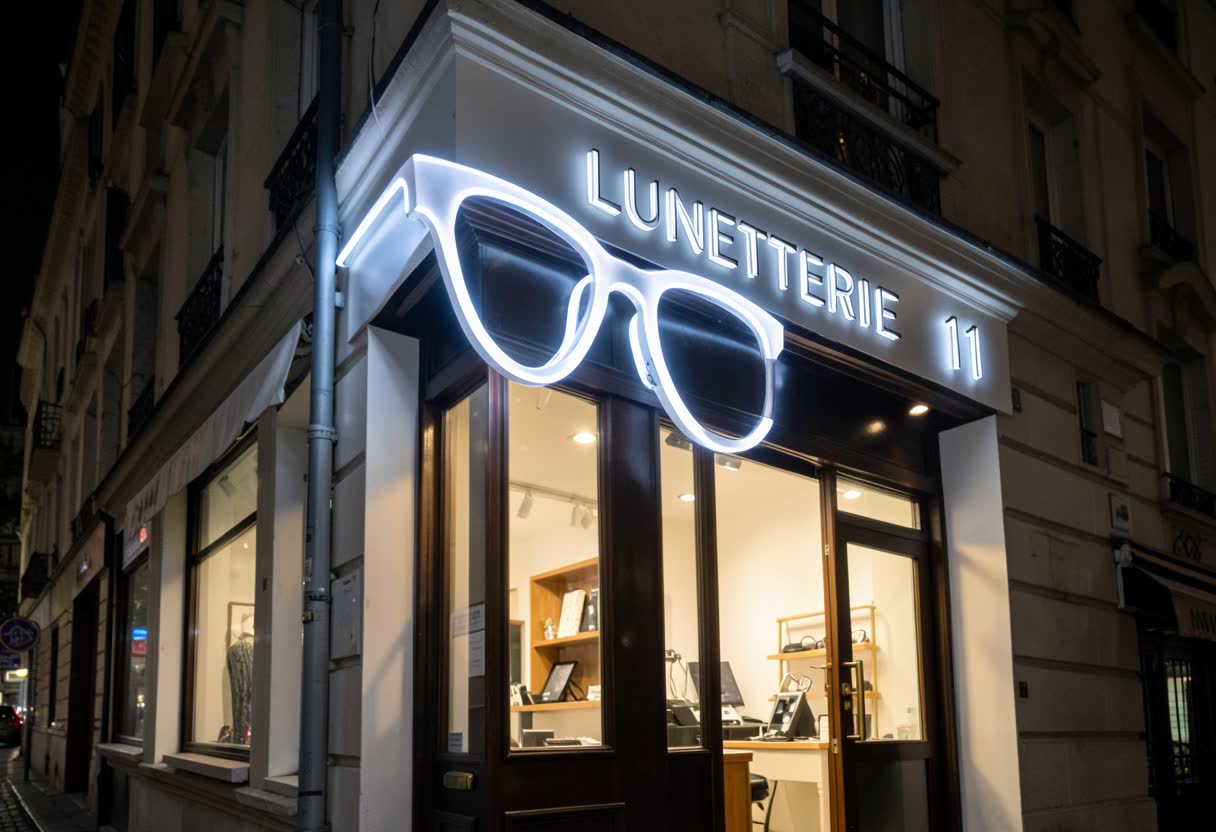 Drapeau lumineux en forme de lunettes pour un opticien
