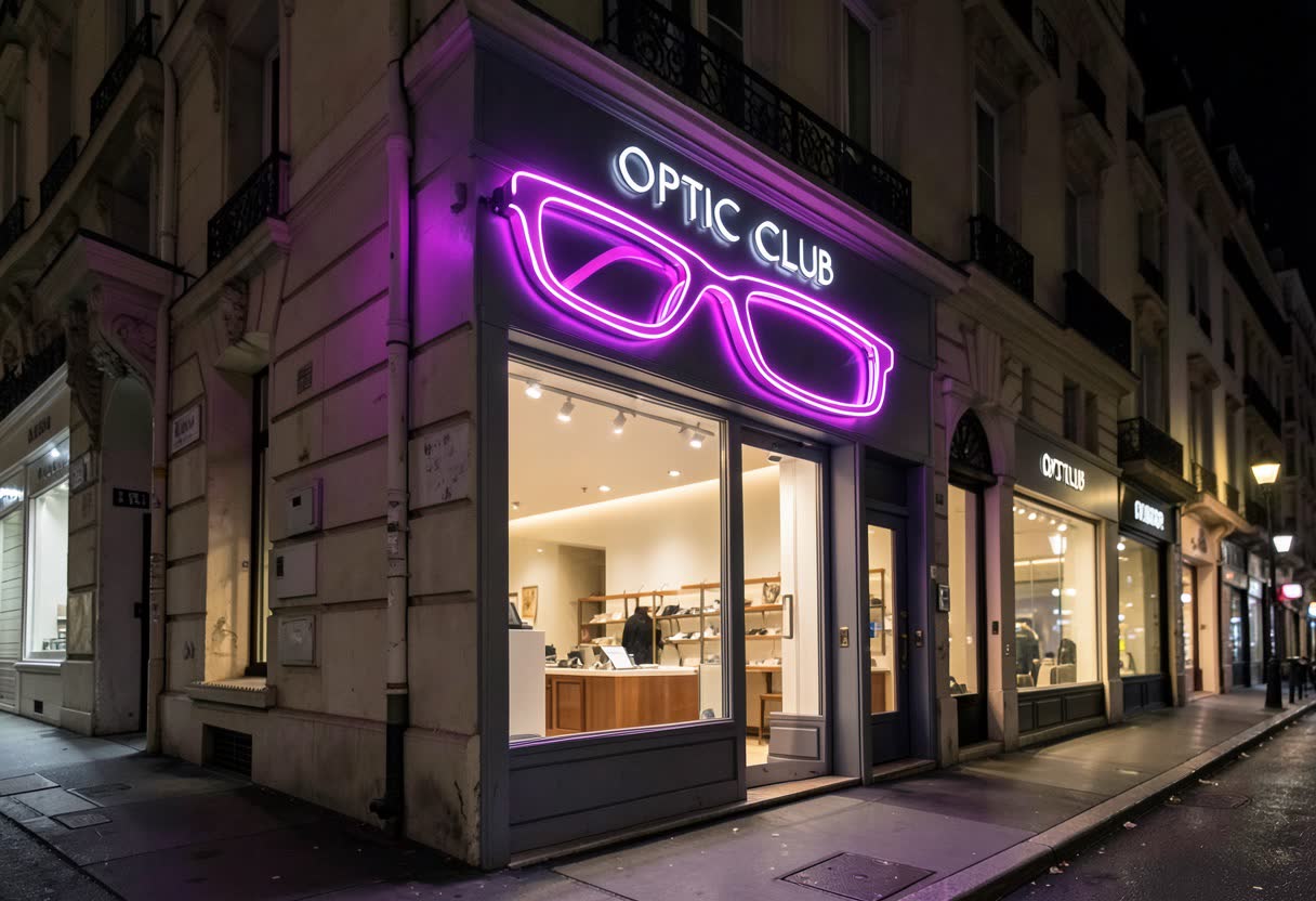 Drapeau lumineux en forme de lunettes pour un opticien