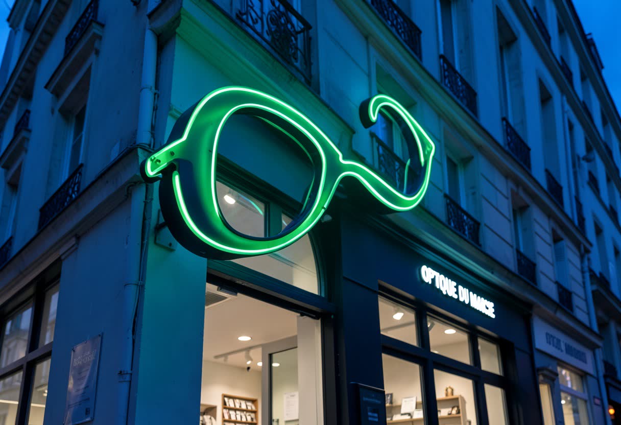Drapeau lumineux en forme de lunettes pour un opticien
