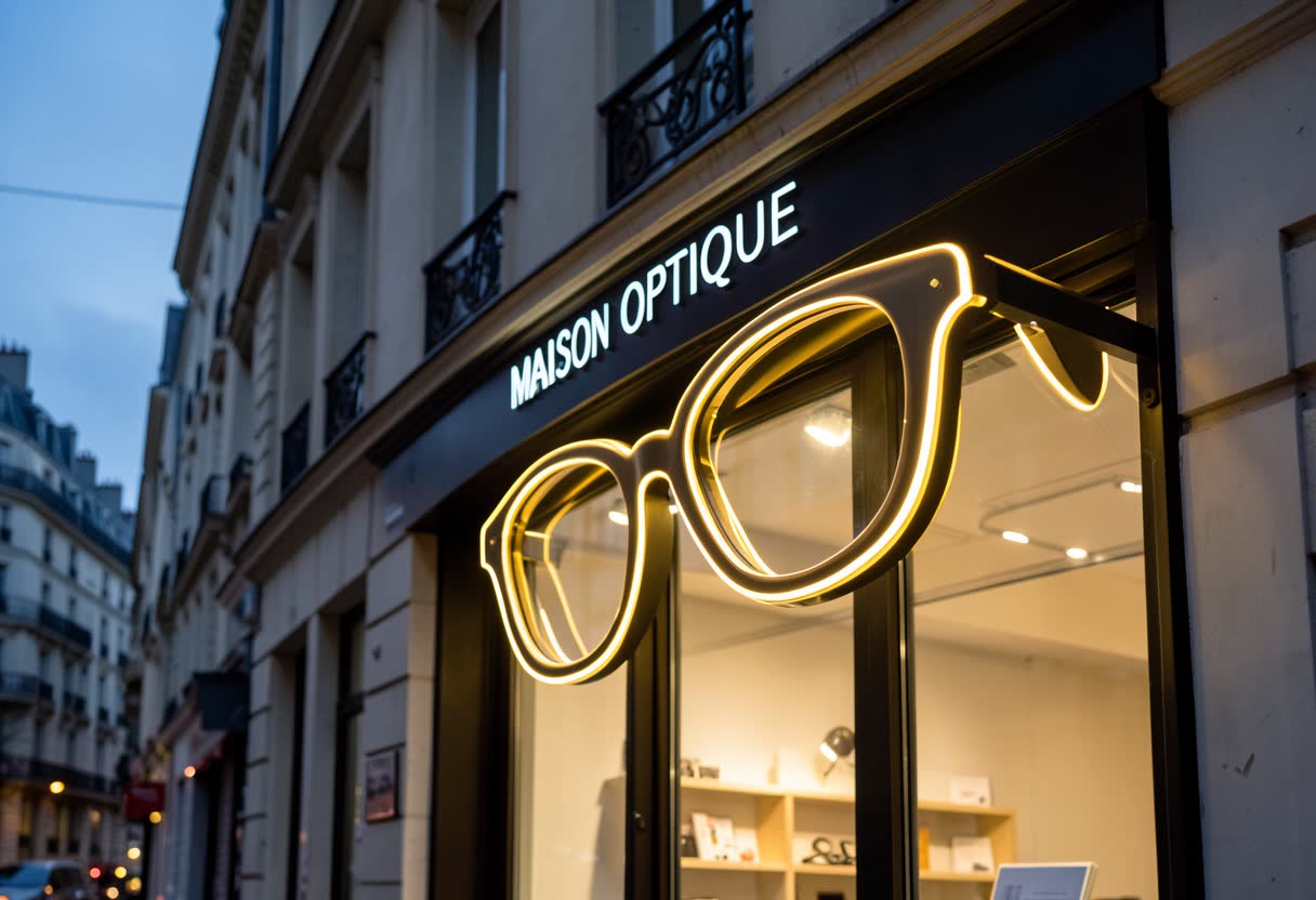 Drapeau lumineux en forme de lunettes pour un opticien