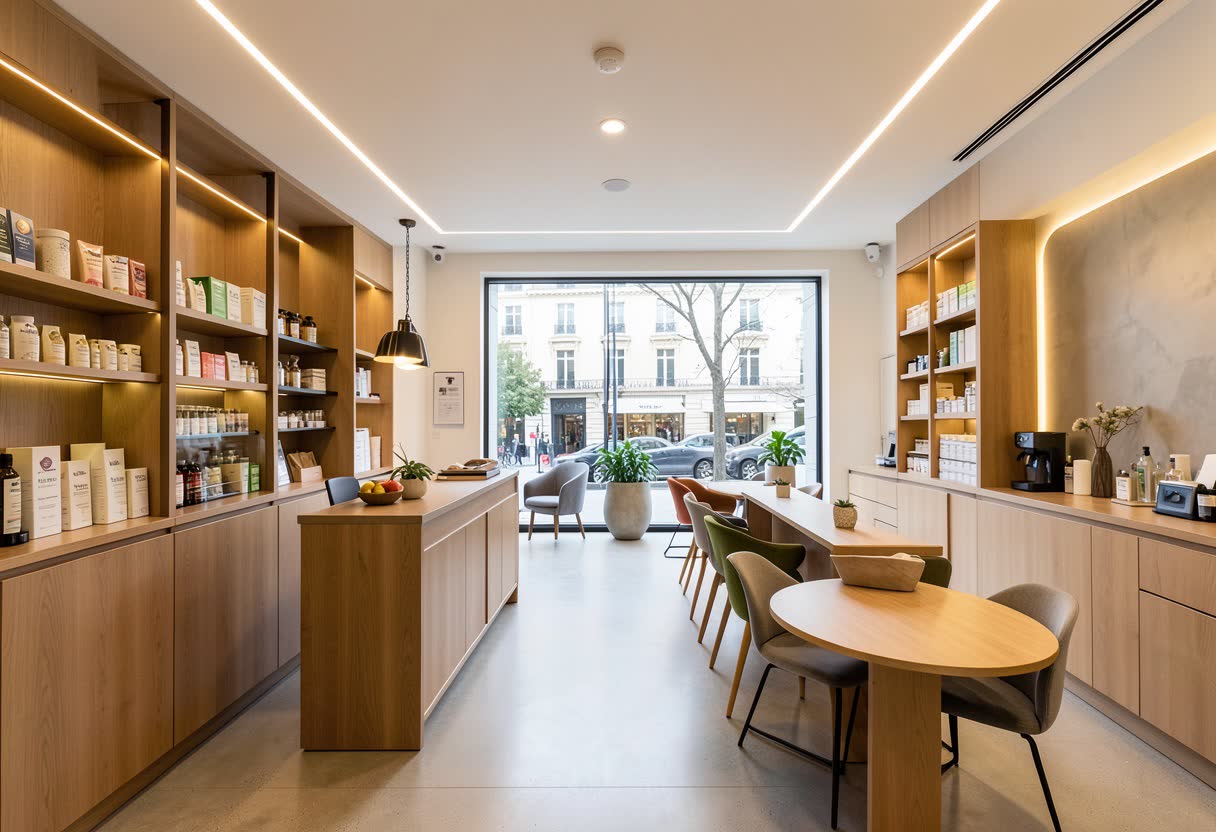 Rénovation et mise en lumière de l'intérieur d'une pharmacie