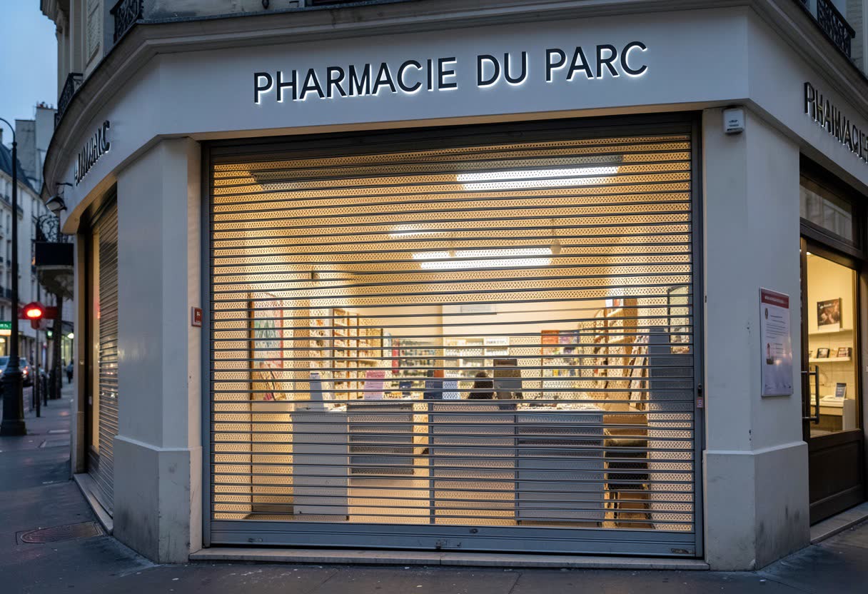 Rideau métallique micro-perforé sur une pharmacie