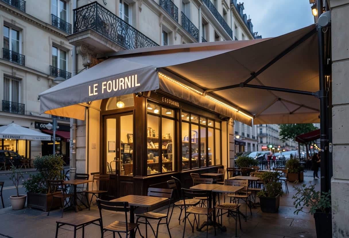 Store banne avec lambrequin LED pour une boulangerie