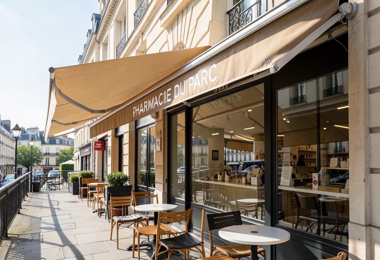 Store banne avec lambrequin LED pour une pharmacie