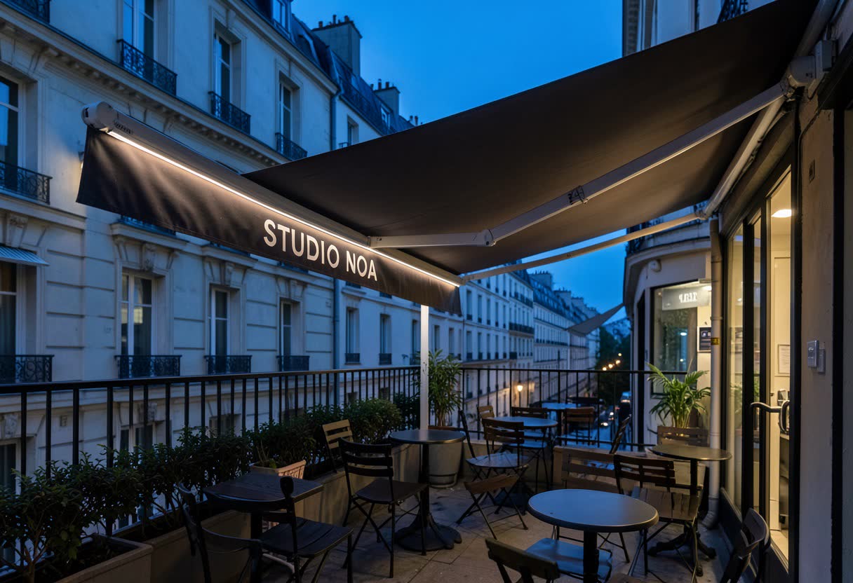 Store banne avec lambrequin LED pour une salon de coiffure