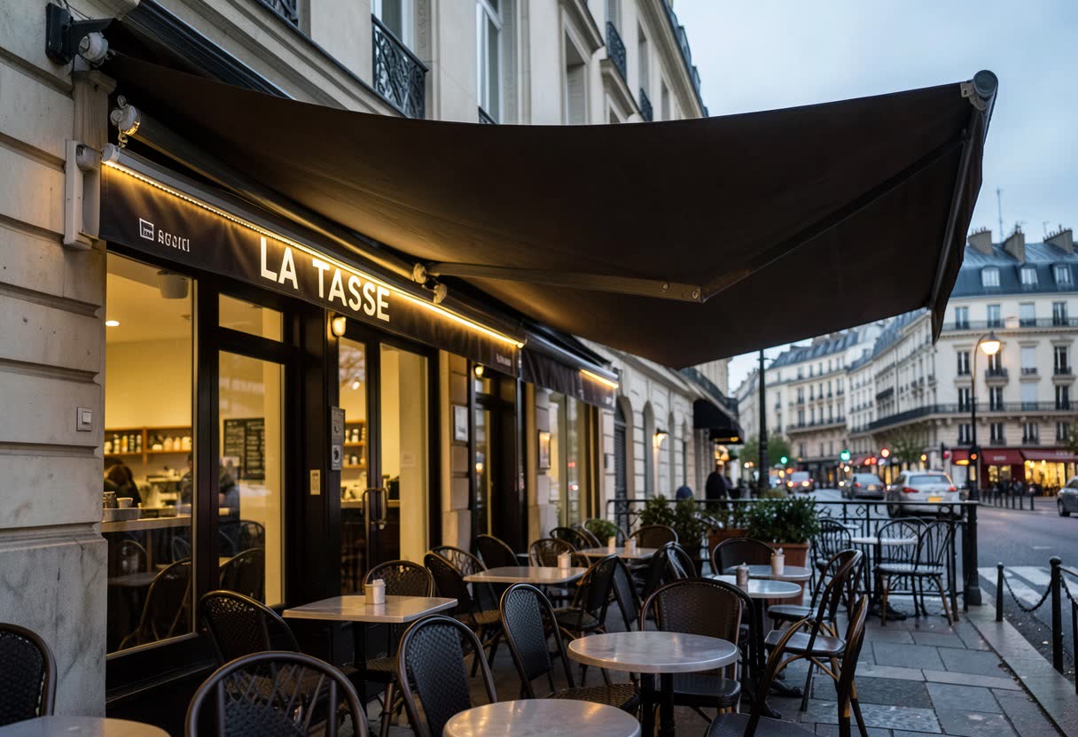 Store banne avec lambrequin LED pour une café