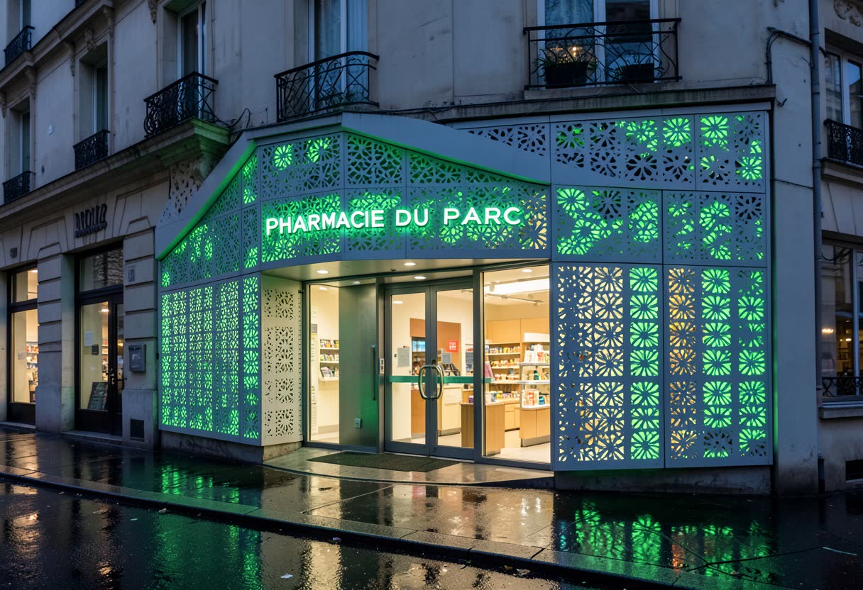 Tôle ajourée lumineuse sur la façade d'une pharmacie