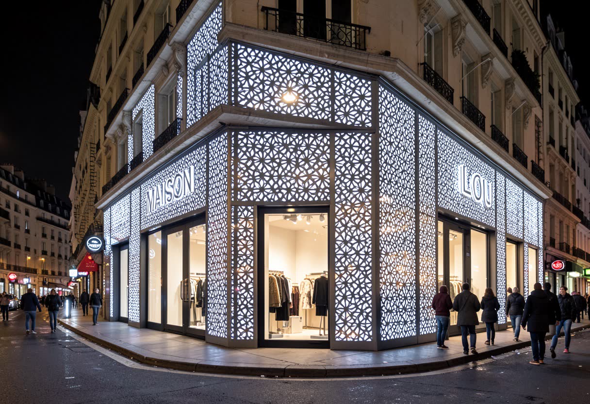 Tôle ajourée lumineuse sur la façade d'une boutique de mode